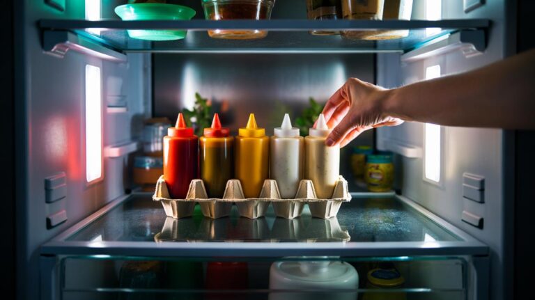 Illustration of a fridge door shelf using an egg carton to hold inverted condiment squeeze bottles and maximise space