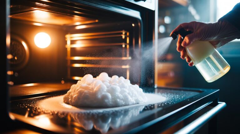 Illustration of baking soda foam lifting baked-on grime from an oven interior without scrubbing