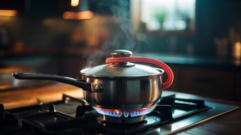 Illustration of a saucepan on a hob with a lid fitted with a silicone rubber band acting as a gasket to improve heat retention