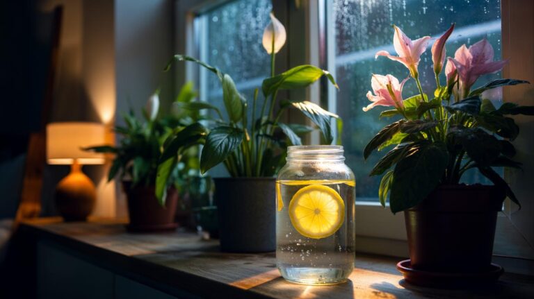 Illustration of a lemon slice steeping in a jar of water beside potted houseplants overnight, prepared for morning watering to encourage blossoms