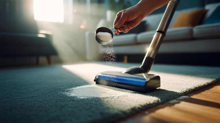 Illustration of baking soda being sprinkled on a carpet and vacuumed to make it look new in five minutes