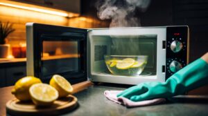 Illustration of a microwave interior with lemon vapour from a steaming bowl of water loosening grime in 30 seconds