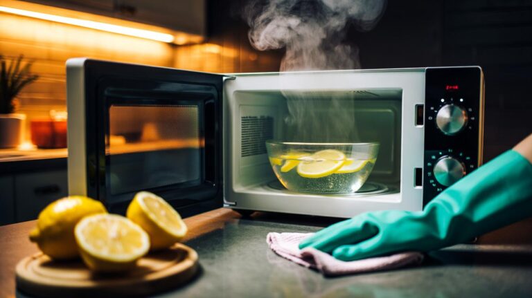 Illustration of a microwave interior with lemon vapour from a steaming bowl of water loosening grime in 30 seconds