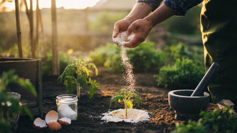 Illustration of cleaned, ground eggshells being sprinkled into garden soil as a slow-release calcium amendment