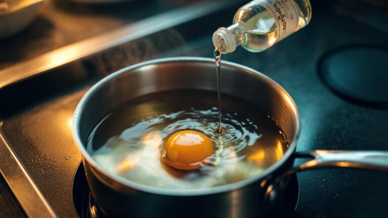 Illustration of an egg poaching in gently simmering water with added vinegar