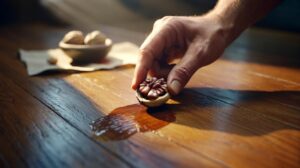 Illustration of a walnut being rubbed over a scratch on a wooden floor