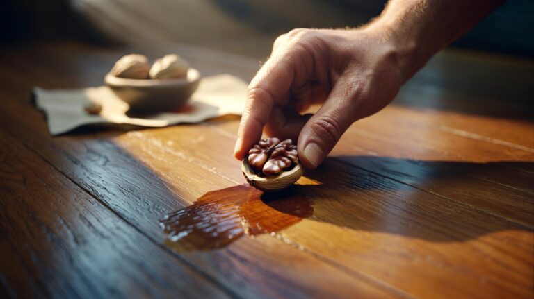 Illustration of a walnut being rubbed over a scratch on a wooden floor