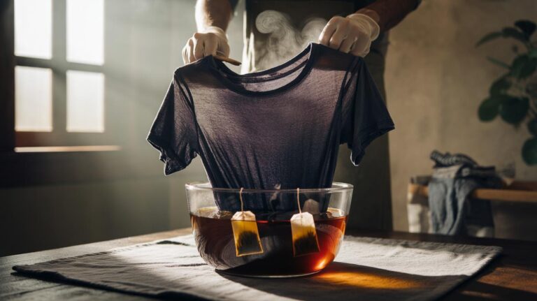 Illustration of a faded dark garment soaking in a black tea bath for 10 minutes to revive colour
