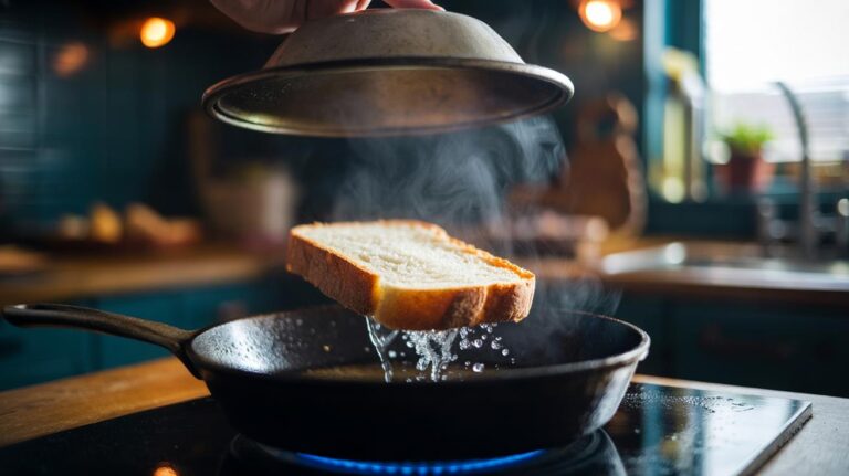 Illustration of stale bread being revived in a hot pan with a splash of water, restoring a crisp crust and tender crumb in two minutes