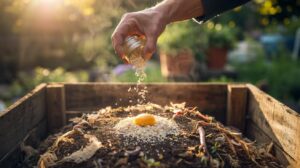 Illustration of crushed eggshells being sprinkled into a compost pile to accelerate decomposition naturally