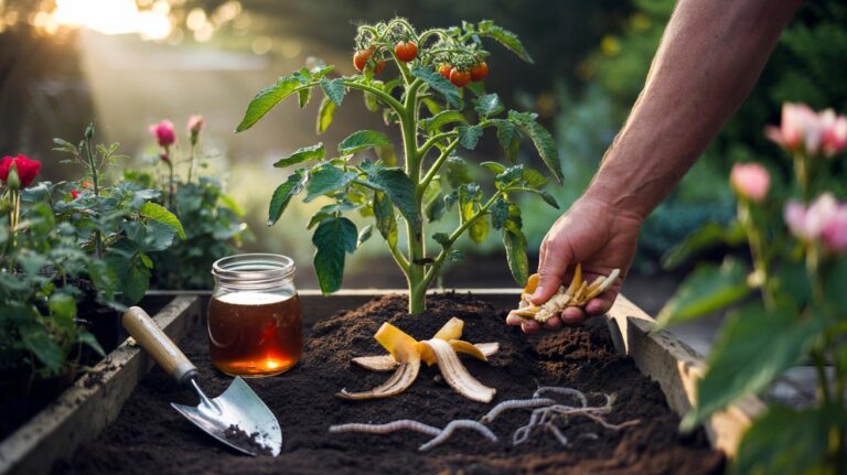 Illustration of banana peels chopped, brewed, and buried to supercharge garden soil nutrients quickly