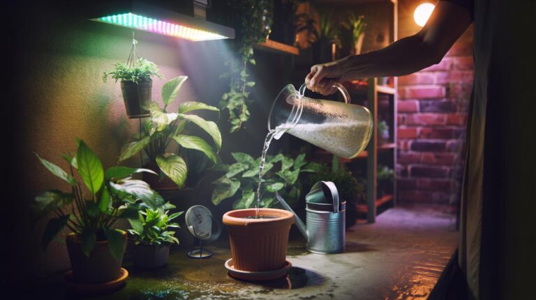 Illustration of a person pouring diluted rice water onto indoor plants in a basement