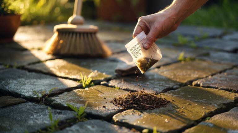 Illustration of loose tea leaves from a used teabag being sprinkled into patio cracks to deter weeds