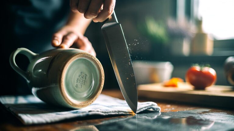 Illustration of sharpening a kitchen knife on the unglazed bottom of a ceramic mug