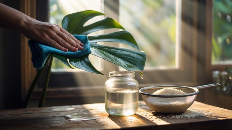 Illustration of diluted rice water being applied with a microfiber cloth to a houseplant leaf to restore shine