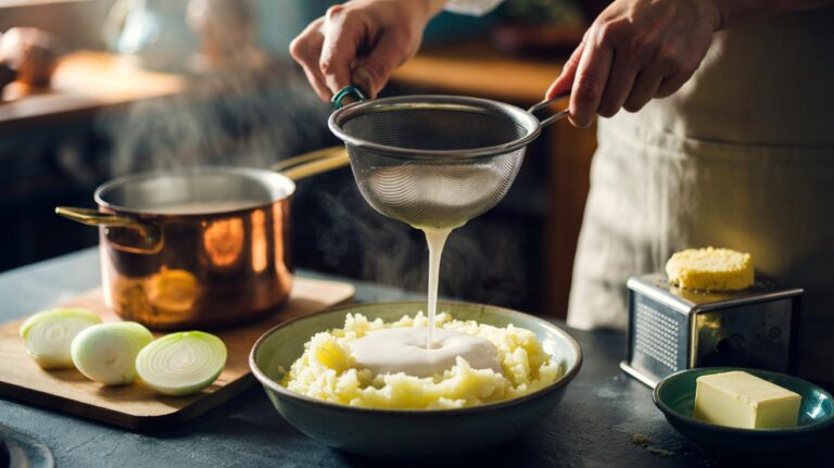 Illustration of onion-infused milk being poured into riced potatoes to create ultra smooth mashed potatoes in three minutes