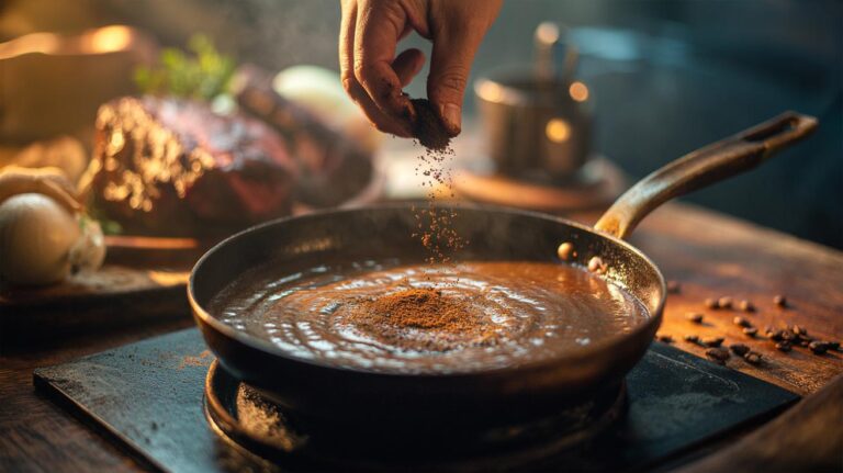 Illustration of a pinch of coffee grounds being sprinkled into simmering gravy to enhance richness instantly